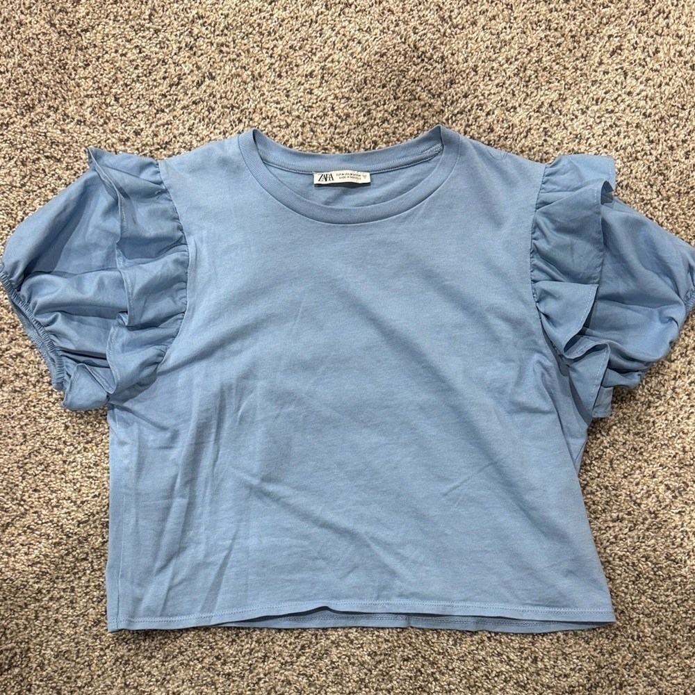 Zara Blue Ruffle Sleeve Top